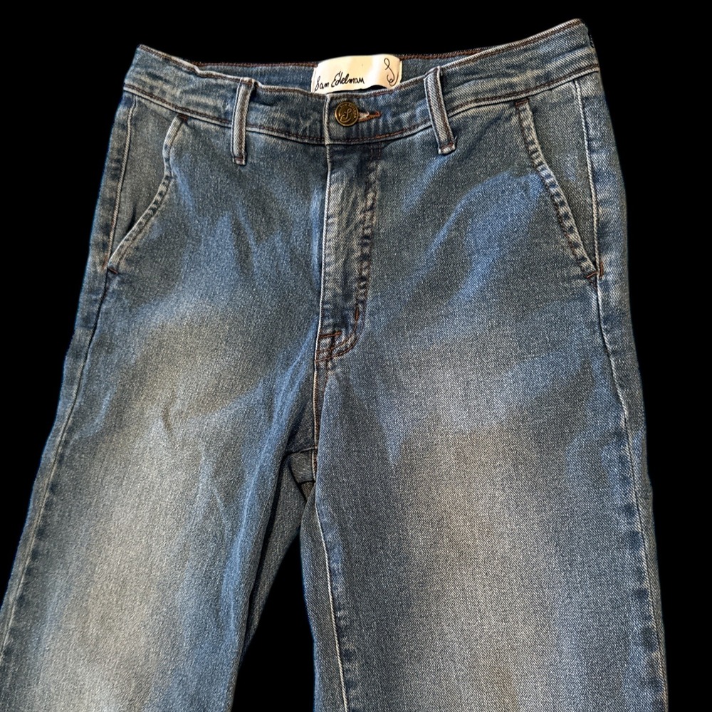 Sam Edelman Bay Flare Trouser Jeans Medium Wash Raw Hem Size 27 High Rise Denim - Picture 3 of 8